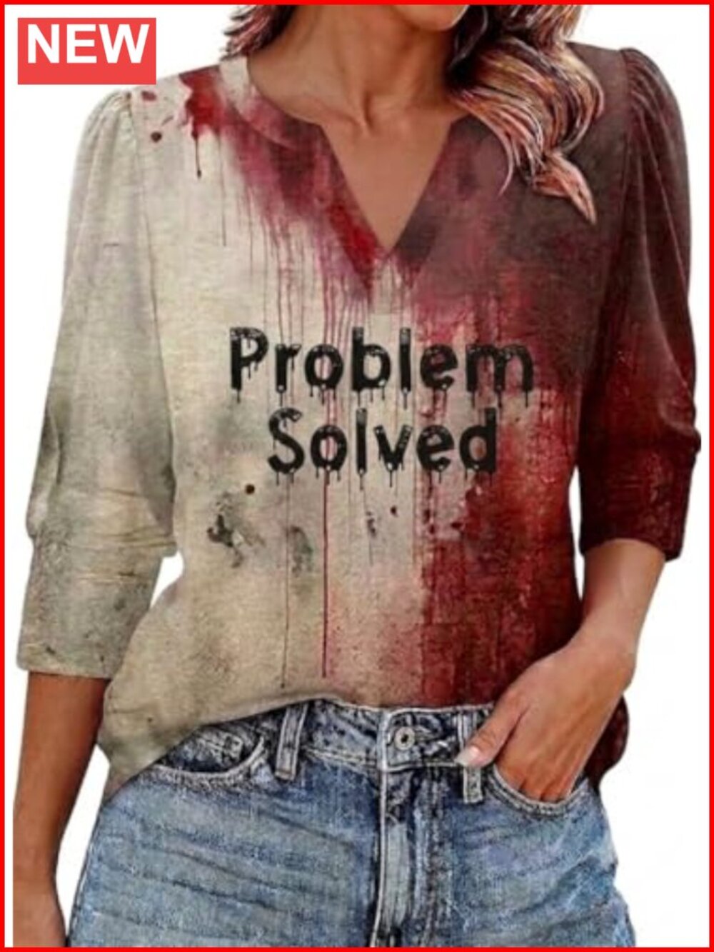 Women's Halloween 3/4 Sleeve V Neck Graphic T-Shirt Fall Thanksgiving Tee